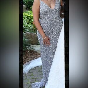 Silver Formal Beaded Maxi Dress